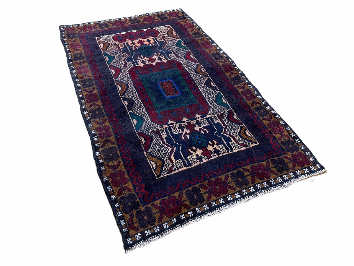 Handmade tribal wool rug with red and beige geometric patterns, 3x5 size, from Jewel Rugs, featuring vintage Afghan Balouchi design.