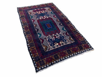 Handmade tribal wool rug with red and beige geometric patterns, 3x5 size, from Jewel Rugs, featuring vintage Afghan Balouchi design.