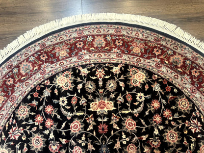 Round Sino Persian Rug 6x6, Floral, Navy Blue and Red, Wool and Silk Highlights - Nuvé