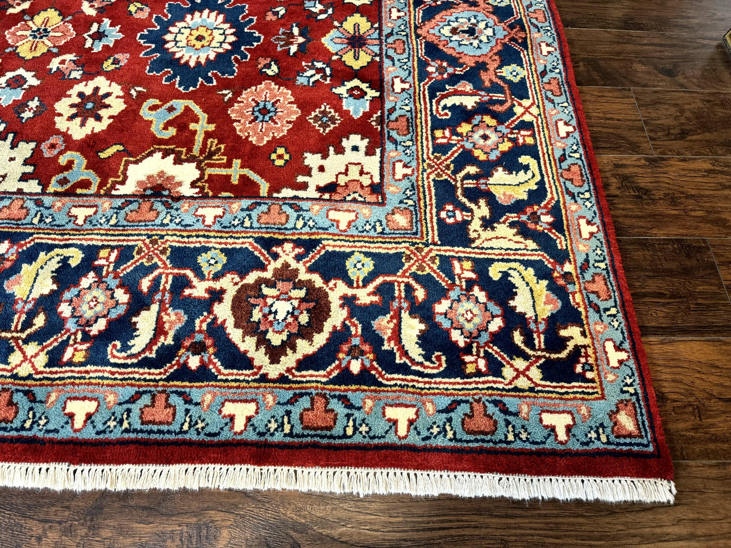 Indo Heriz Rug 8x10, Red and Navy Blue, Allover Pattern, Wool Handmade Carpet - Nuvé
