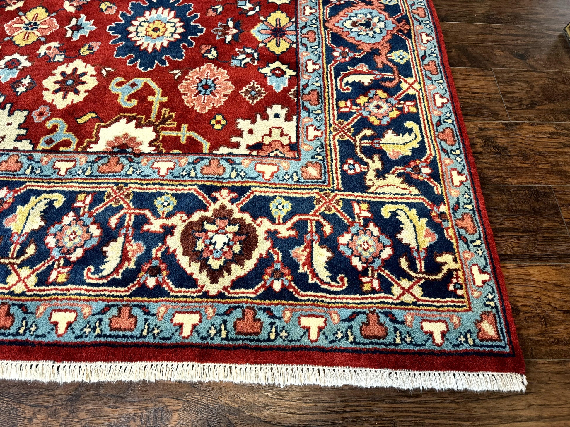 Indo Heriz Rug 8x10, Red and Navy Blue, Allover Pattern, Wool Handmade Carpet - Nuvé