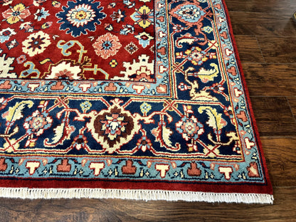 Indo Heriz Rug 8x10, Red and Navy Blue, Allover Pattern, Wool Handmade Carpet - Nuvé