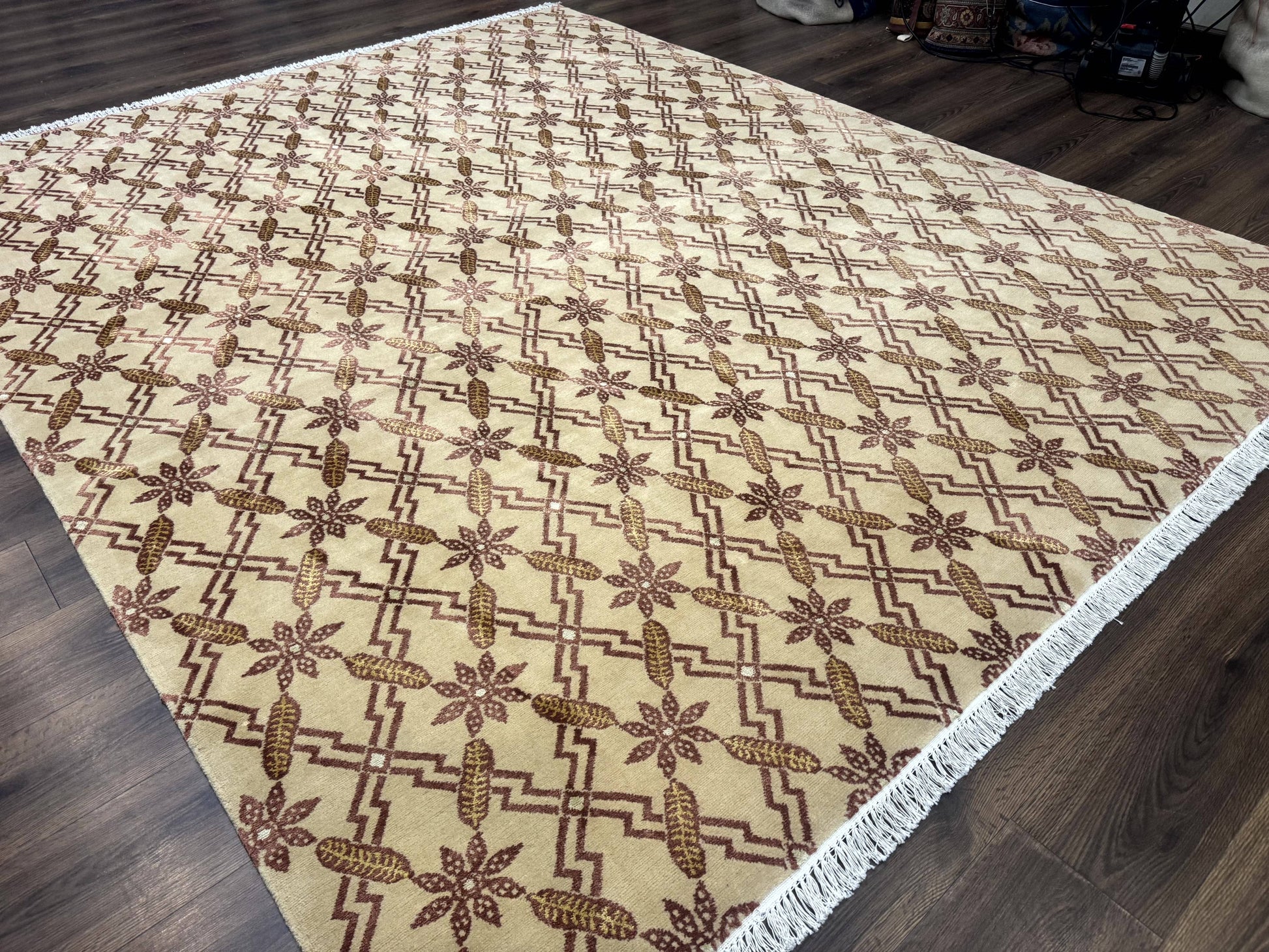Tibetan Rug 8x10, Wool with Silk Highlights, Beige and Maroon, Contemporary Carpet - Nuvé
