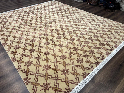 Tibetan Rug 8x10, Wool with Silk Highlights, Beige and Maroon, Contemporary Carpet - Nuvé