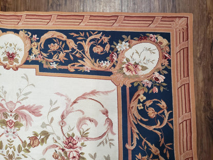 Chinese Aubusson Savonnerie Area Rug 6x8, Vintage Hand-Woven Needlepoint Rug, Flat Weave Handmade Wool Carpet Living Room Ivory & Navy Blue - Nuvé