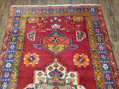 Antique Persian Karajeh Runner Rug 4.4 x 11 ft, Red Colorful Geometric Medallion Runner - Nuvé