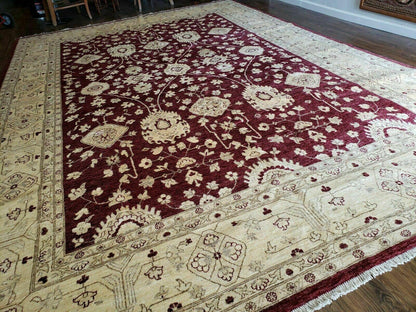 Pakistani Peshawar Rug 10x14, Handmade Chobi Carpet, Maroon & Beige - Nuvé