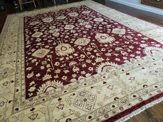 Pakistani Peshawar Rug 10x14, Handmade Chobi Carpet, Maroon & Beige - Nuvé