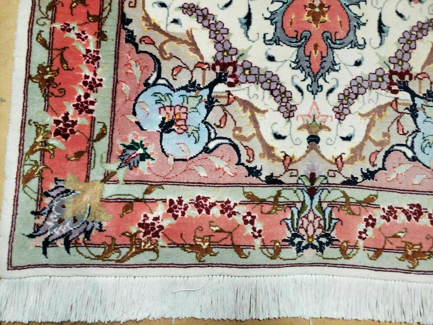 Small Vintage Persian Tabriz Wool and Silk Rug 2.5 x 4 ft, Very Finely Hand Knotted, Medallion, Ivory Salmon Light Blue, Top Quality, Pair A - Nuvé