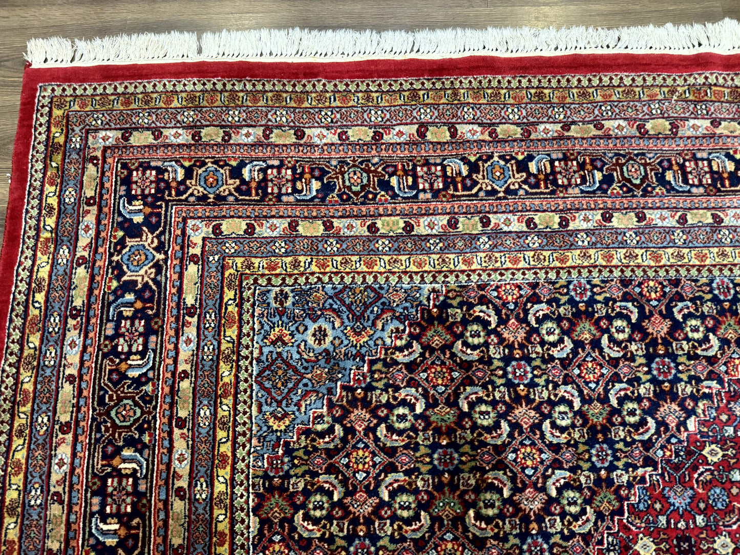 Indo Persian Bidjar Rug 10x14, Red and Dark Blue, Herati Mahi Pattern, Vintage - Nuvé