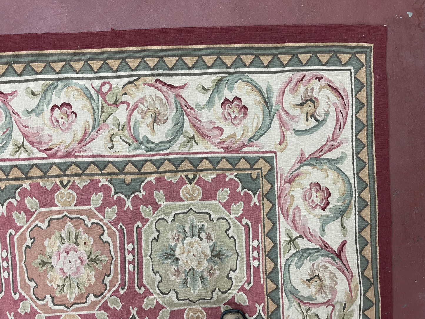 9x9 Square Rug Hand Knotted, Needlepoint Aubusson Carpet, Blush Red, Beige, Green, New, Mint Condition Area Rug, English European Design - Nuvé