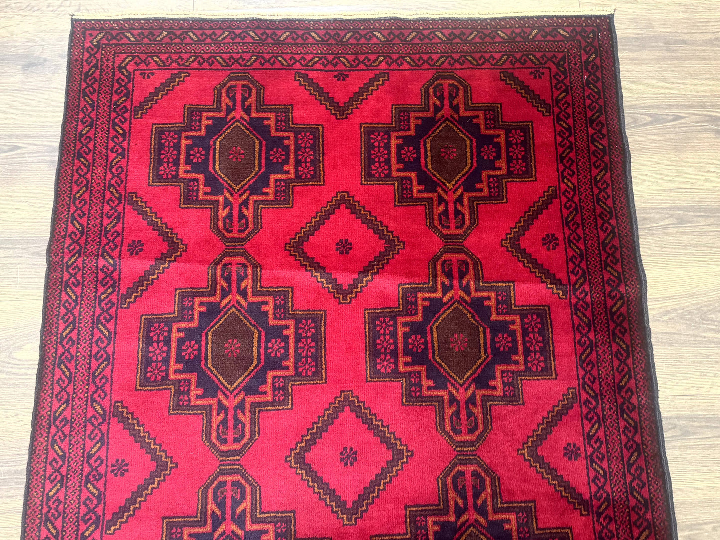 Afghan Rug 4x7, Tribal Carpet, Balouch Rug, Red and Navy Blue, Repeated Medallions, New - Nuvé