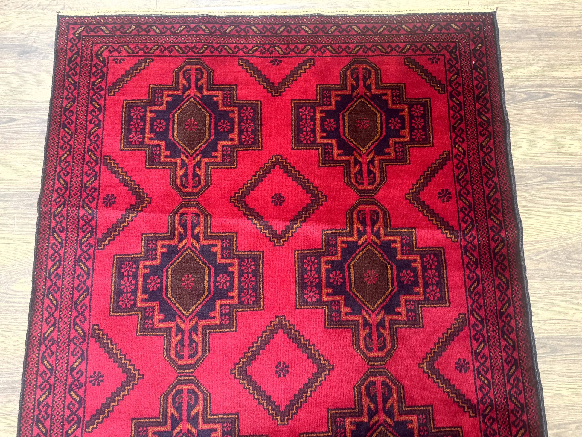 Afghan Rug 4x7, Tribal Carpet, Balouch Rug, Red and Navy Blue, Repeated Medallions, New - Nuvé