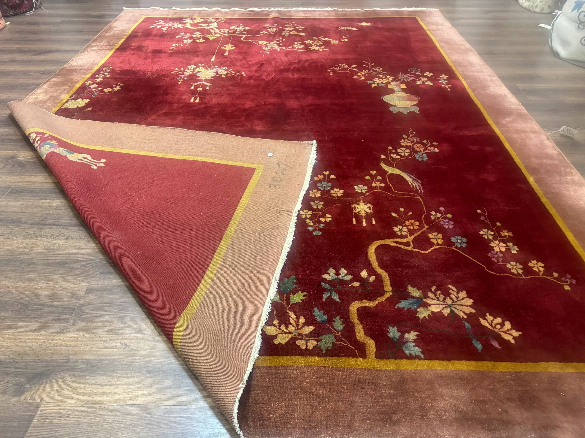 Red Chinese Art Deco Rug 9x11, Simple Design, Wool Chinese Area Rug, Antique - Nuvé