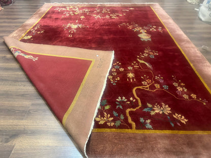 Red Chinese Art Deco Rug 9x11, Simple Design, Wool Chinese Area Rug, Antique - Nuvé