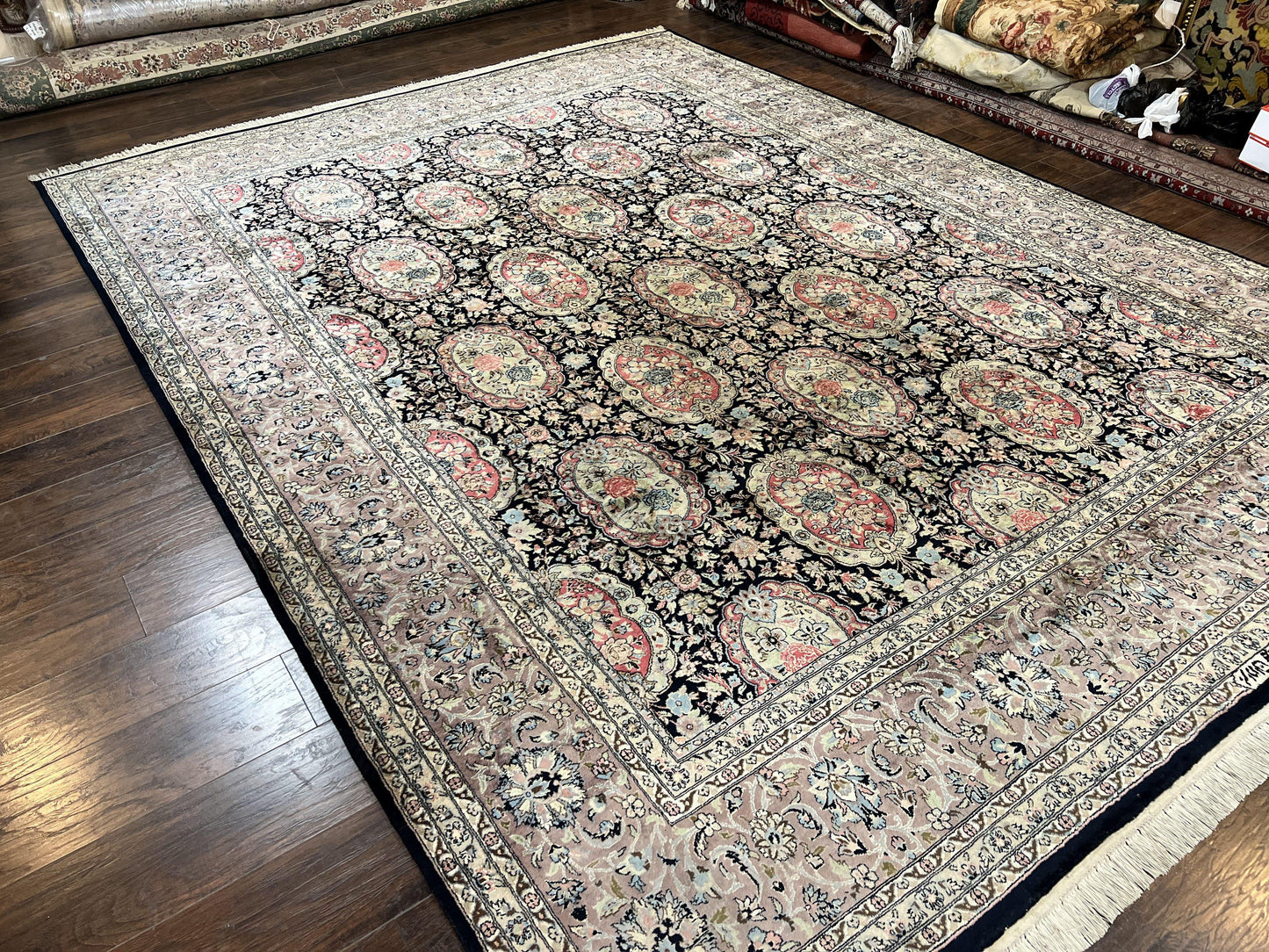 Sino Persian Rug 9x12, Navy Blue and Pink Hand Knotted Wool and Silk Highlights Vintage Oriental Carpet, Handmade Floral Area Rug 9 x 12 ft - Nuvé