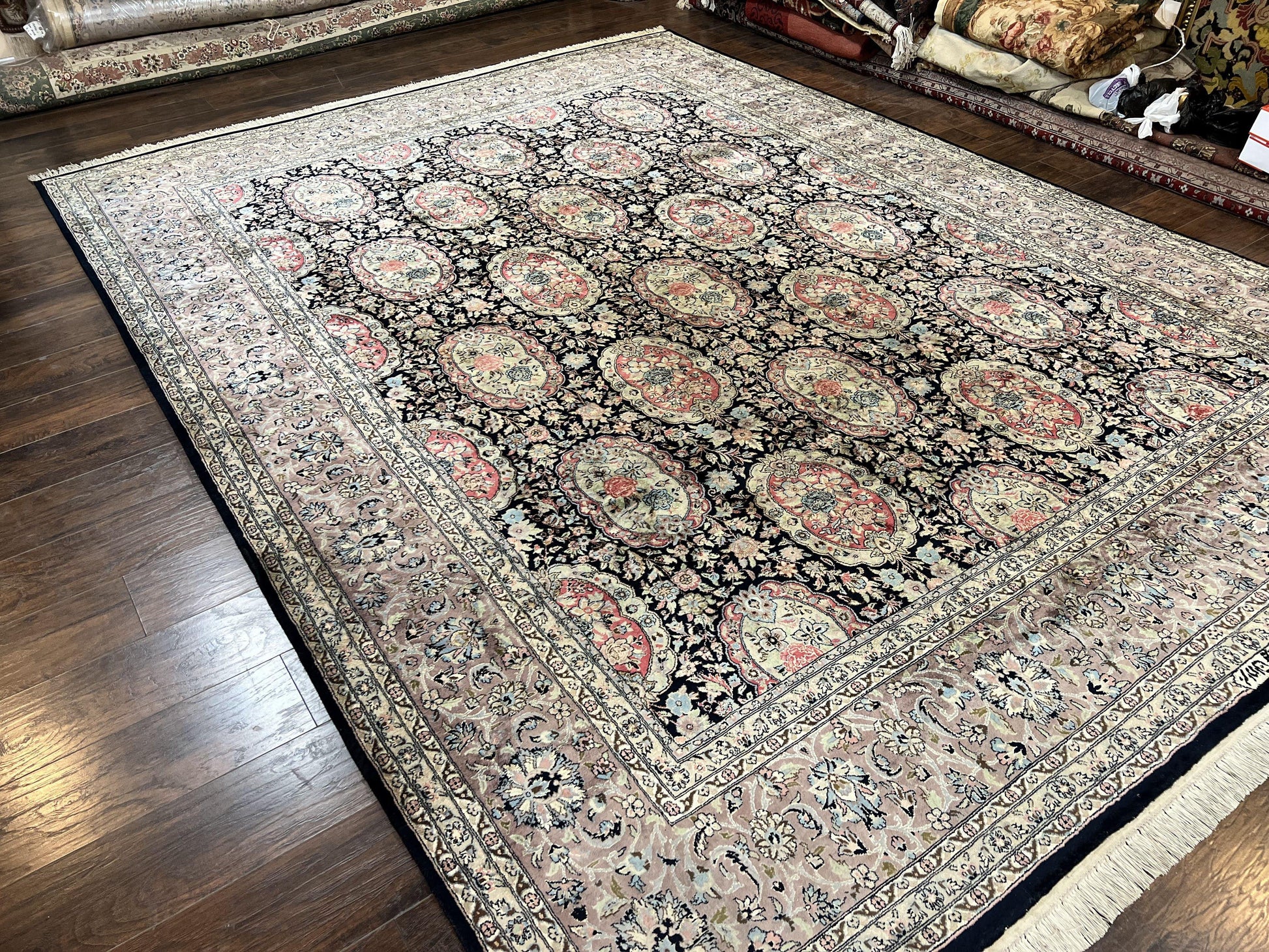 Sino Persian Rug 9x12, Navy Blue and Pink Hand Knotted Wool and Silk Highlights Vintage Oriental Carpet, Handmade Floral Area Rug 9 x 12 ft - Nuvé