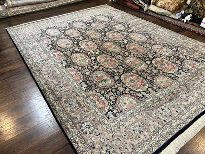 Sino Persian Rug 9x12, Navy Blue and Pink Hand Knotted Wool and Silk Highlights Vintage Oriental Carpet, Handmade Floral Area Rug 9 x 12 ft - Nuvé