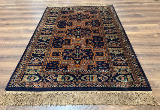 Vintage Afghan Rug 4x6, Navy Blue and Light Brown, Geometric Medallions, Wool on Wool, Tribal Rug - Nuvé