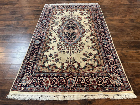Indian Kashmiri Rug 4x6, Ivory Beige Navy Blue, Traditional Indo Persian Rug - Nuvé