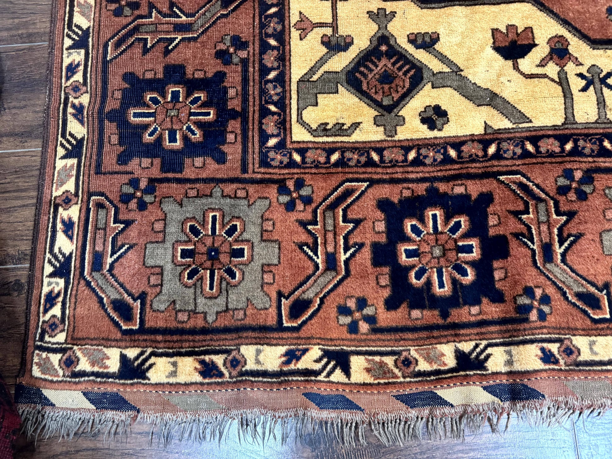 Afghan Heriz Rug 9x12, Tribal Geometric Serapi Carpet, Rust Cream and Navy, Wool on Wool - Nuvé