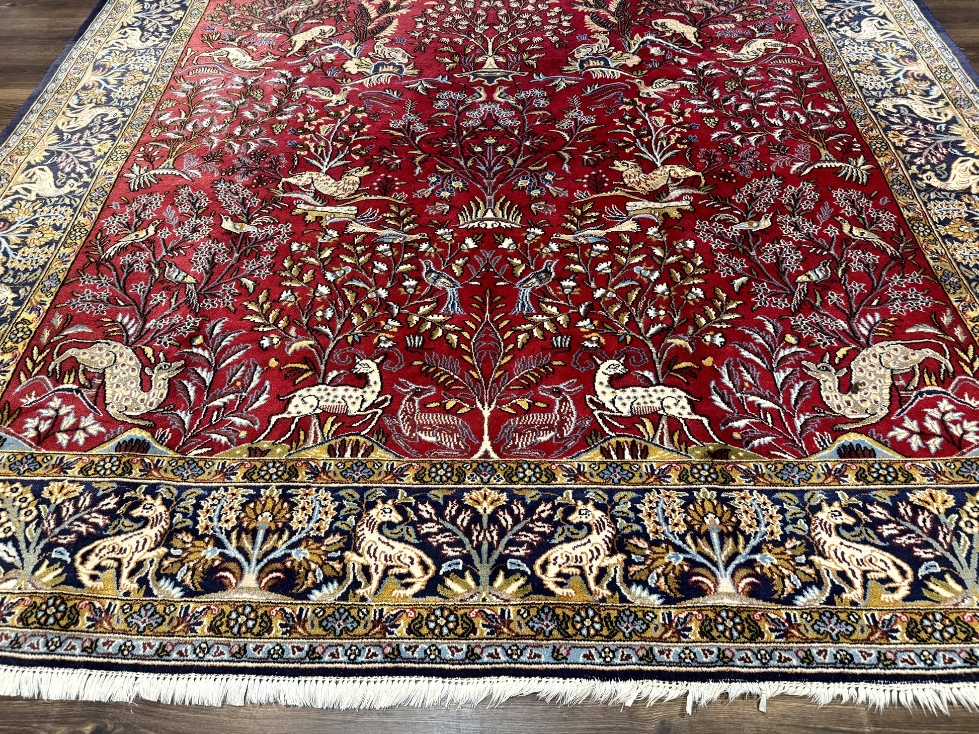 Persian Qum Rug 9x12, Animal Pictorials, Deer Birds, Tree of Life, Red and Navy Blue - Nuvé