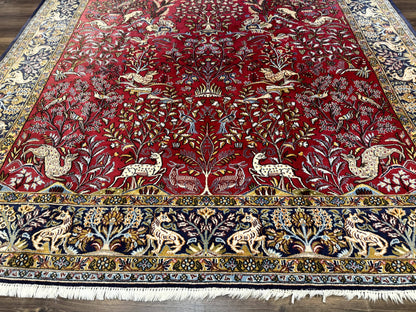 Persian Qum Rug 9x12, Animal Pictorials, Deer Birds, Tree of Life, Red and Navy Blue - Nuvé