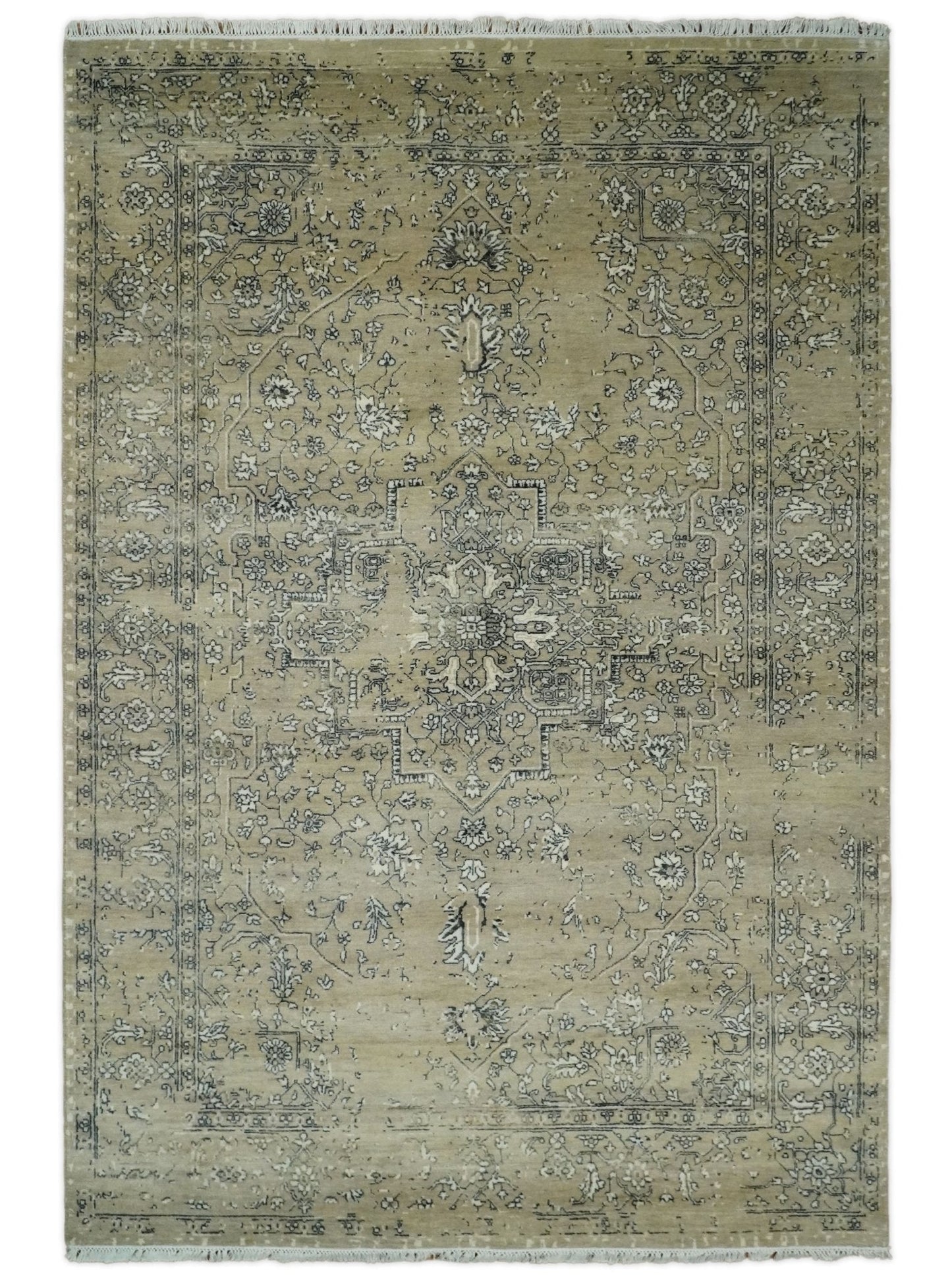 6x9 Fine Hand Knotted Beige and Black Traditional Vintage Persian Style Antique Wool Rug | AGR4 - Nuvé