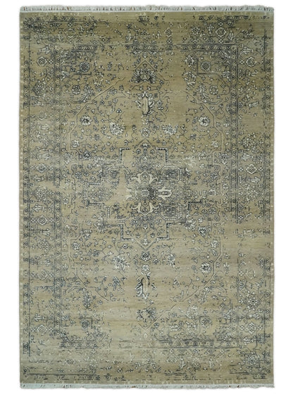 6x9 Fine Hand Knotted Beige and Black Traditional Vintage Persian Style Antique Wool Rug | AGR4 - Nuvé