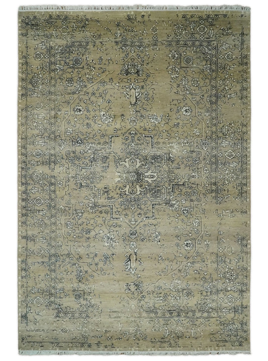 6x9 Fine Hand Knotted Beige and Black Traditional Vintage Persian Style Antique Wool Rug