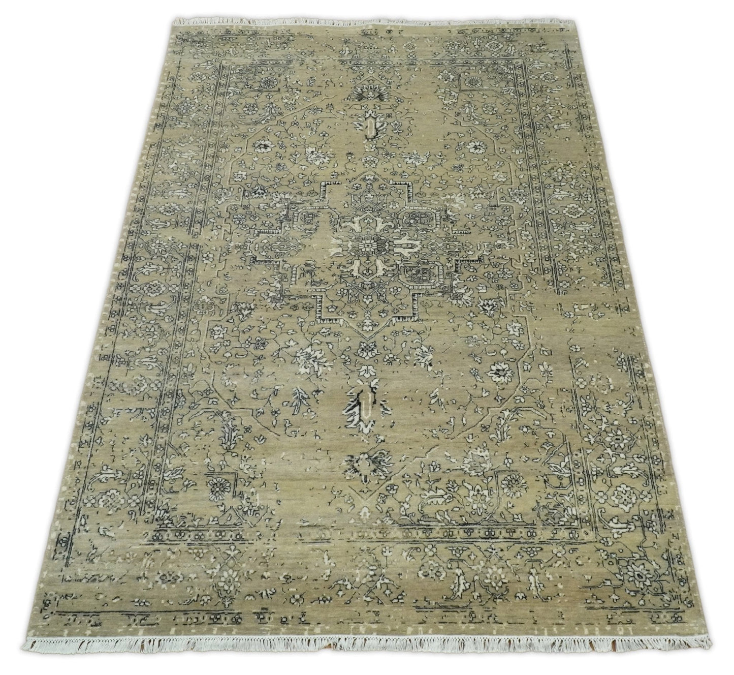 6x9 Fine Hand Knotted Beige and Black Traditional Vintage Persian Style Antique Wool Rug | AGR4 - Nuvé