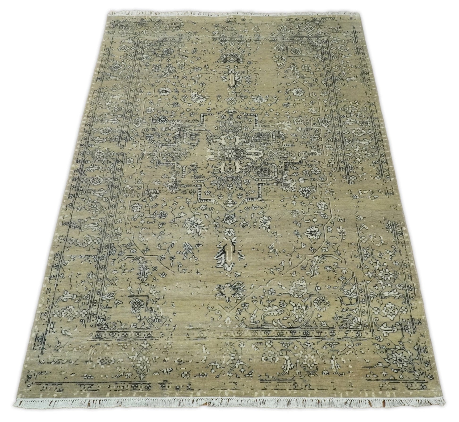 6x9 Fine Hand Knotted Beige and Black Traditional Vintage Persian Style Antique Wool Rug | AGR4 - Nuvé
