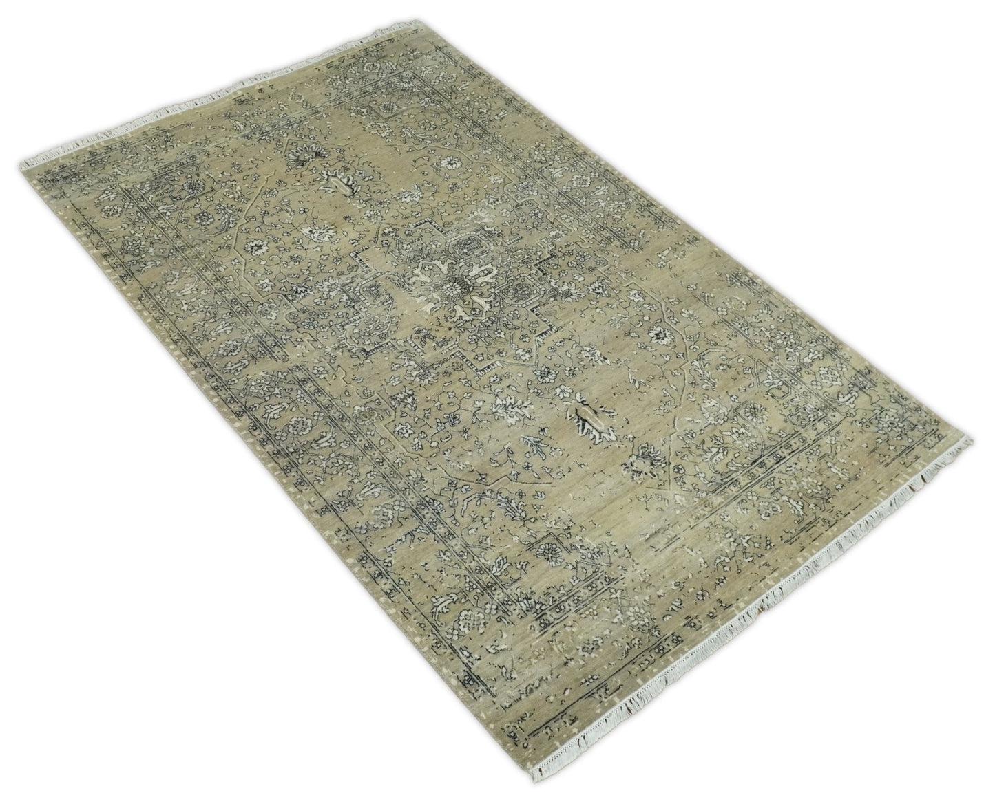 6x9 Fine Hand Knotted Beige and Black Traditional Vintage Persian Style Antique Wool Rug | AGR4 - Nuvé