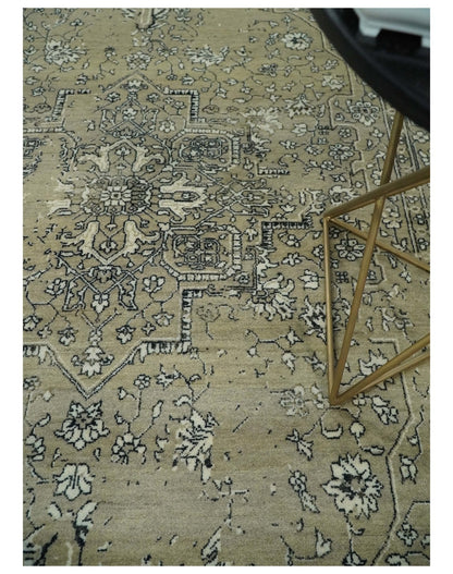 6x9 Fine Hand Knotted Beige and Black Traditional Vintage Persian Style Antique Wool Rug | AGR4 - Nuvé