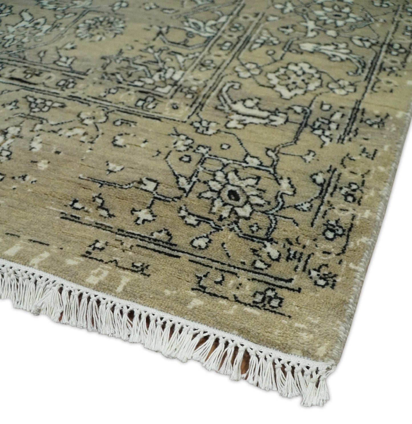 6x9 Fine Hand Knotted Beige and Black Traditional Vintage Persian Style Antique Wool Rug | AGR4 - Nuvé