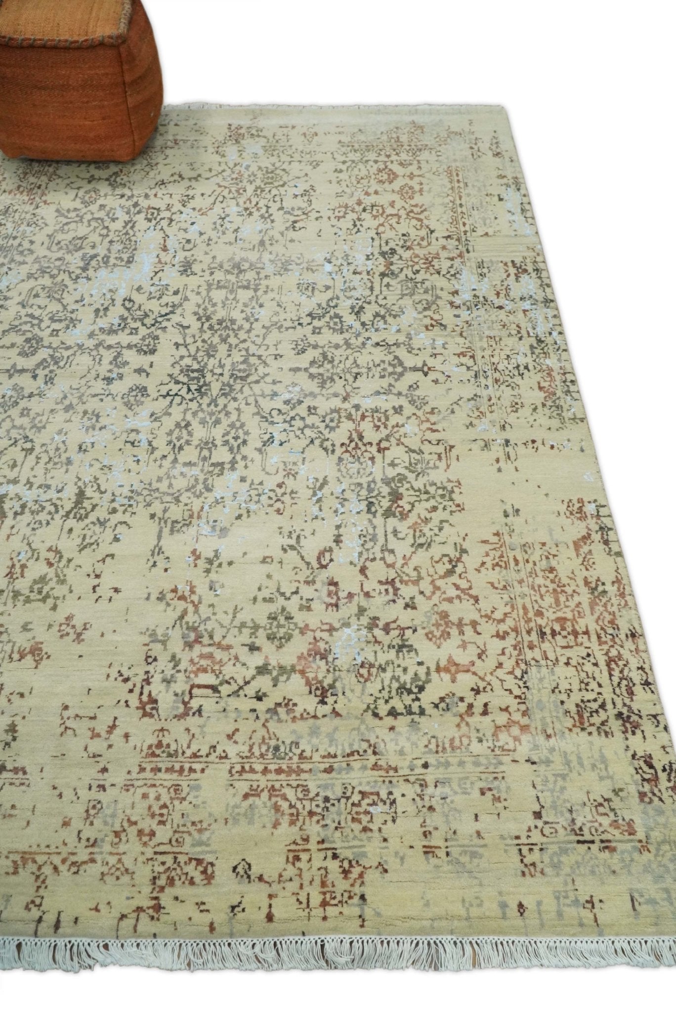 6x9 Fine Hand Knotted Beige and Rust Traditional Vintage Persian Style Antique Wool and Silk Rug | AGR2 - Nuvé