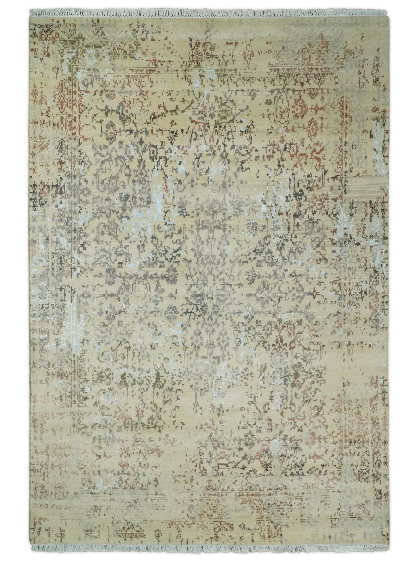 6x9 Fine Hand Knotted Beige and Rust Traditional Vintage Persian Style Antique Wool and Silk Rug | AGR2 - Nuvé