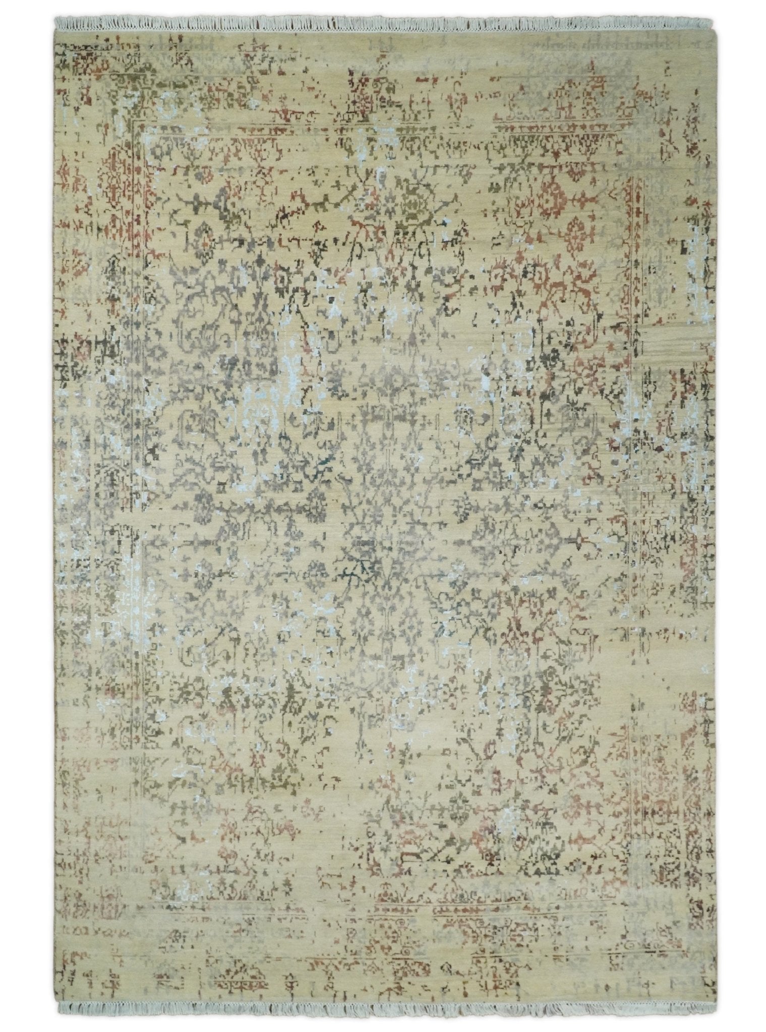 6x9 Fine Hand Knotted Beige and Rust Traditional Vintage Persian Style Antique Wool and Silk Rug | AGR2 - Nuvé