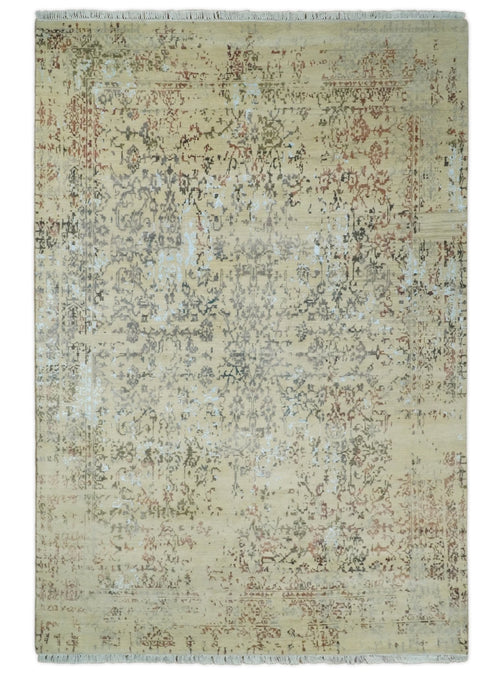 6x9 Fine Hand Knotted Beige and Rust Traditional Vintage Persian Style Antique Wool and Silk Rug | AGR2 - Nuvé