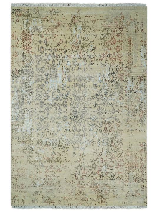 6x9 Fine Hand Knotted Beige and Rust Traditional Vintage Persian Style Antique Wool and Silk Rug | AGR2 - Nuvé