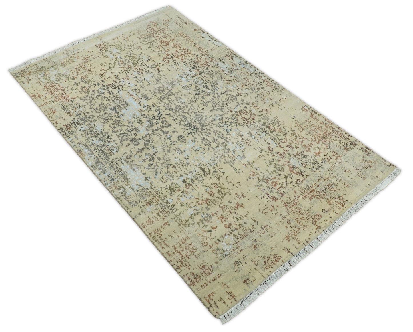 6x9 Fine Hand Knotted Beige and Rust Traditional Vintage Persian Style Antique Wool and Silk Rug | AGR2 - Nuvé