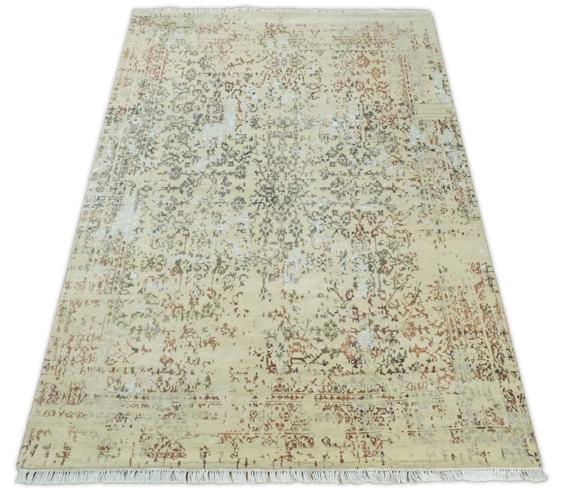 6x9 Fine Hand Knotted Beige and Rust Traditional Vintage Persian Style Antique Wool and Silk Rug | AGR2 - Nuvé