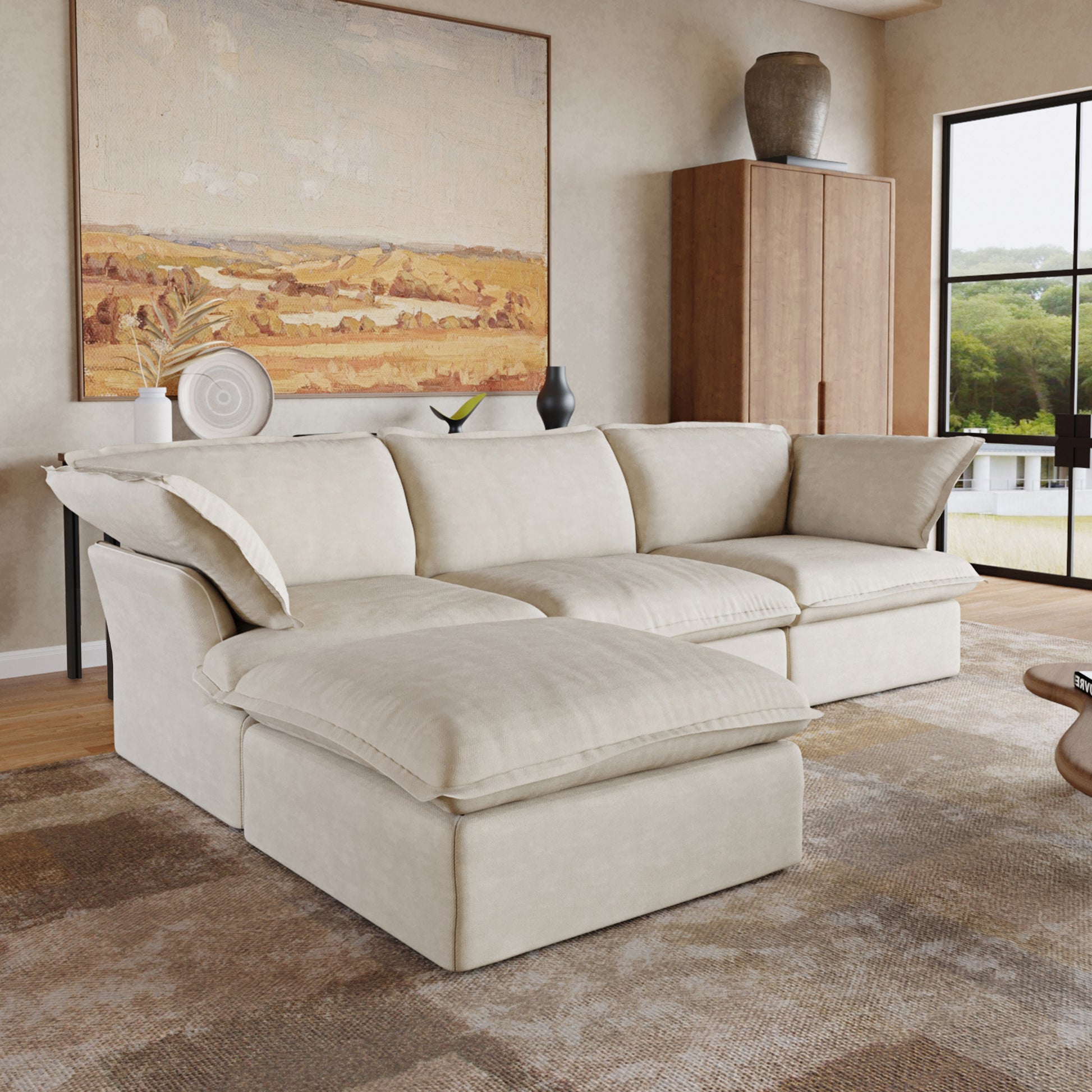 Sabi Modular Boucle Cloud Sofa - Beige - 3-Seater Sectional Sofa with Ottoman - Nuvé
