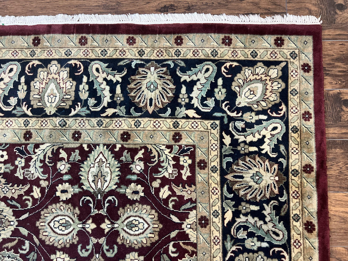 Indo Persian Rug 10x14, Floral Allover, Maroon, Handmade Hand Knotted VIntage Wool Rug, Large Oriental Carpet