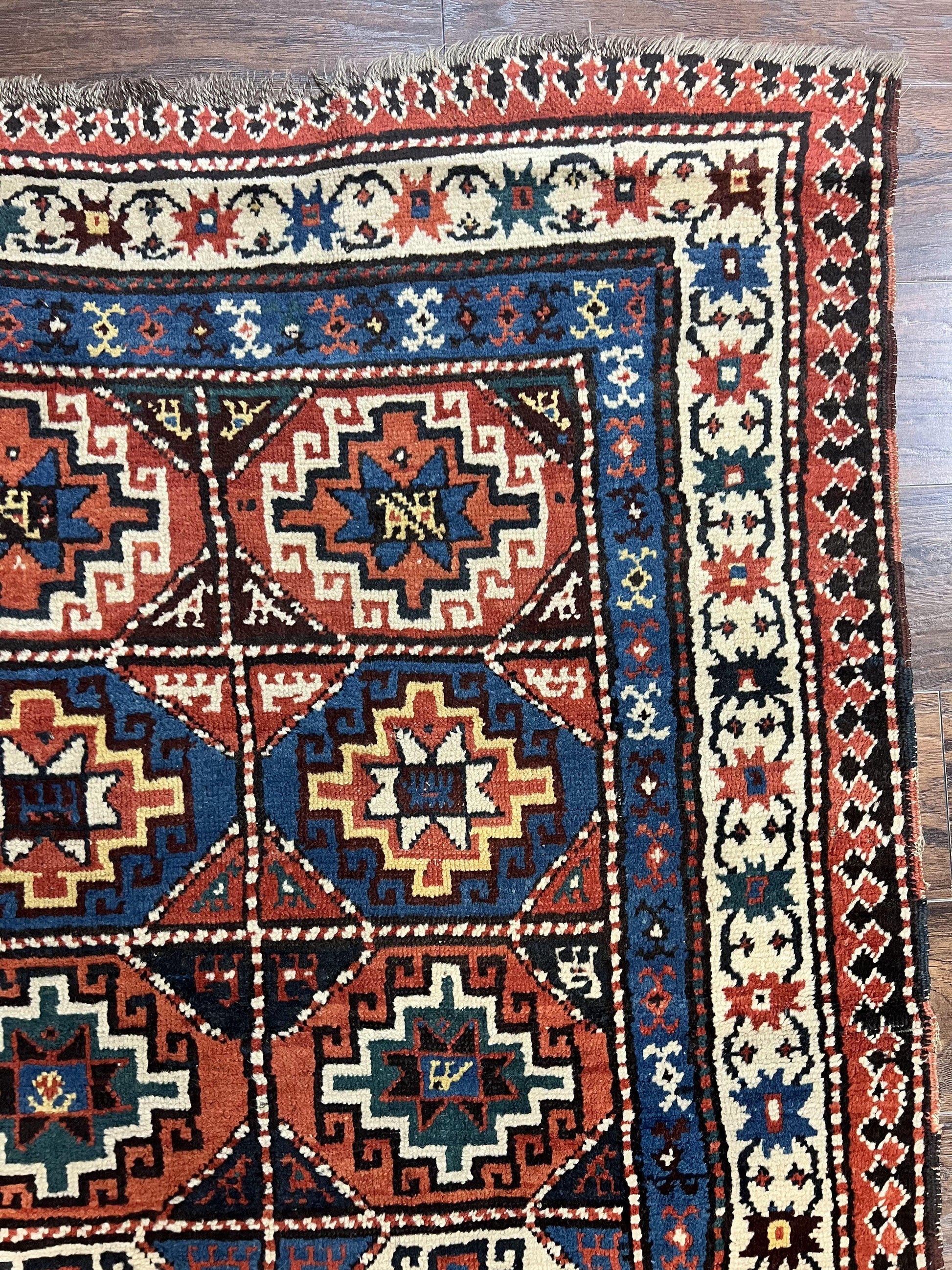 Antique Caucasian Kazak Runner Rug 4 x 9.5, Handmade Wool Rug for Hallway, Rare Colorful Panel Design Mid 19th Century 1870s Oriental Carpet - Nuvé
