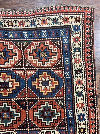 Antique Caucasian Kazak Runner Rug 4 x 9.5, Handmade Wool Rug for Hallway, Rare Colorful Panel Design Mid 19th Century 1870s Oriental Carpet - Nuvé