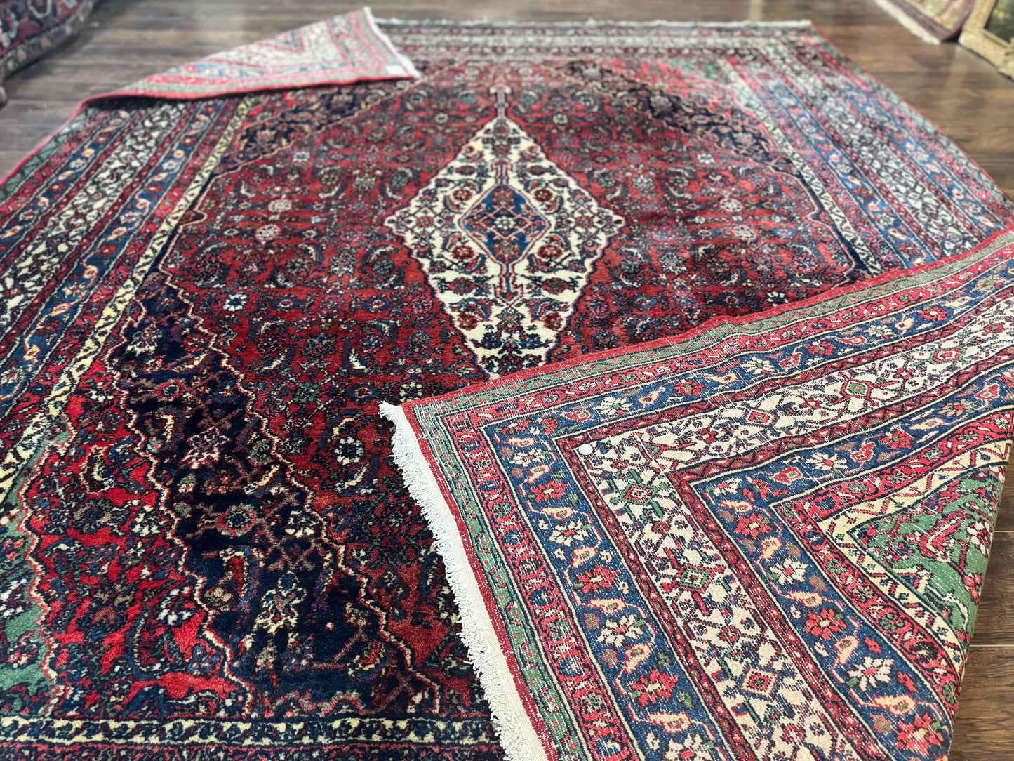 Antique Persian Hamadan Tribal Rug 8x10, Red and Ivory, Medallion Rug, Wool Handmade Carpet - Nuvé