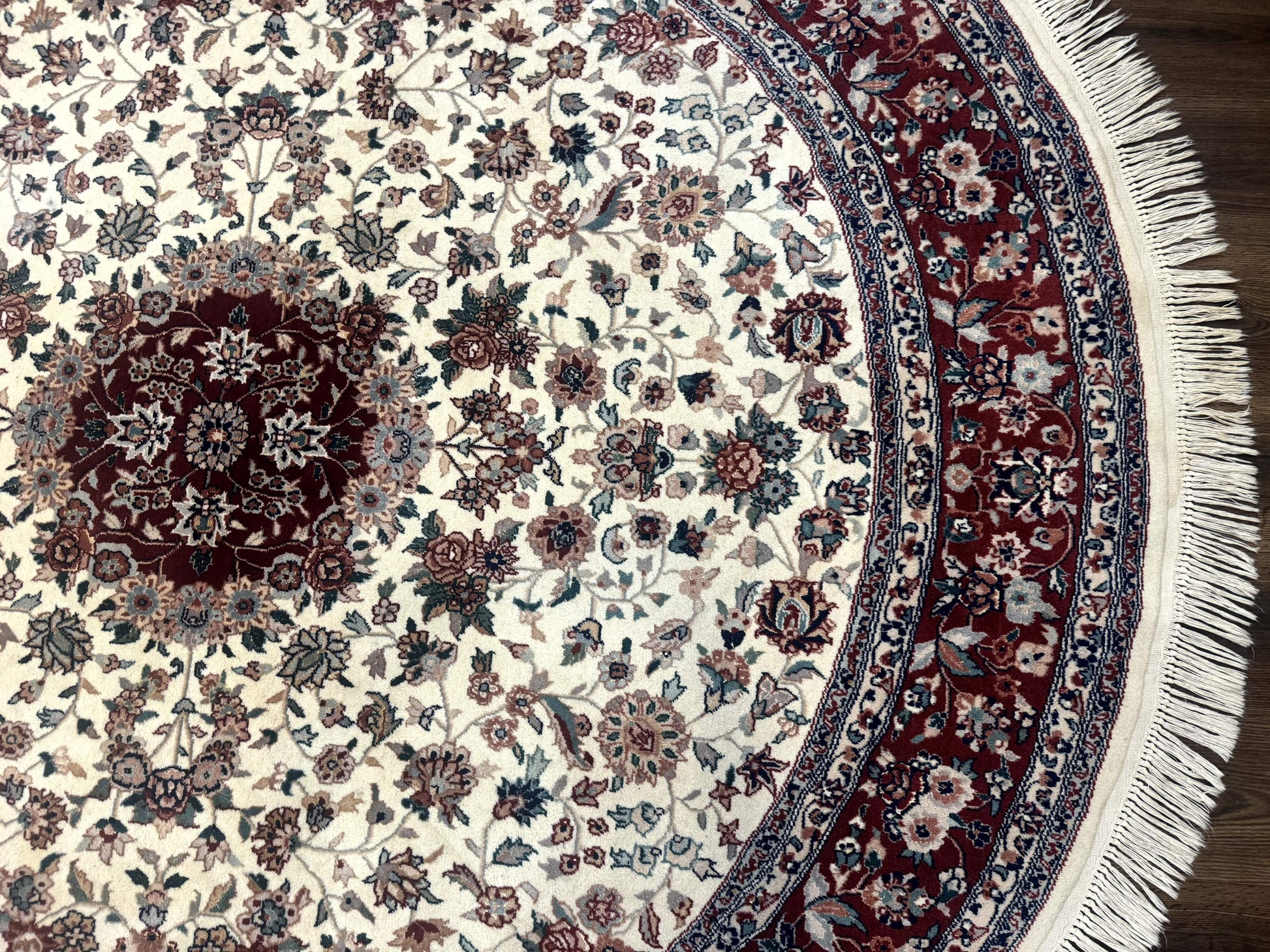 Round Sino Persian Rug 8x8, Wool and Silk, Floral Medallion, Ivory Dark Red - Nuvé