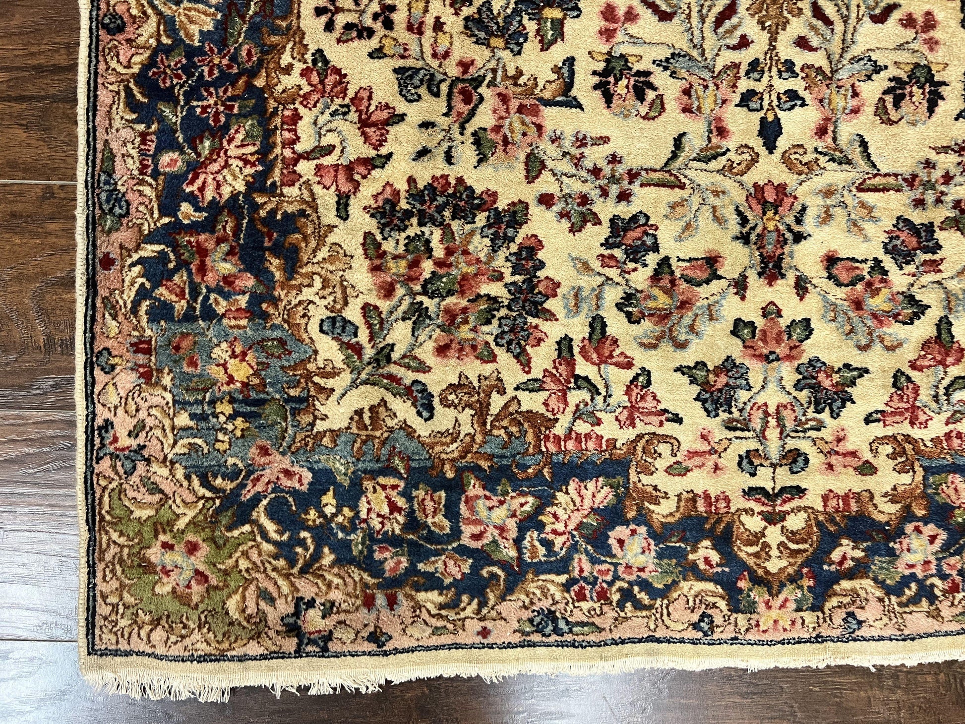 Antique Persian Kirman Rug 4x7, Cream and Navy Blue, Hand Knotted Wool Floral Carpet - Nuvé
