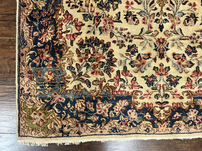 Antique Persian Kirman Rug 4x7, Cream and Navy Blue, Hand Knotted Wool Floral Carpet - Nuvé